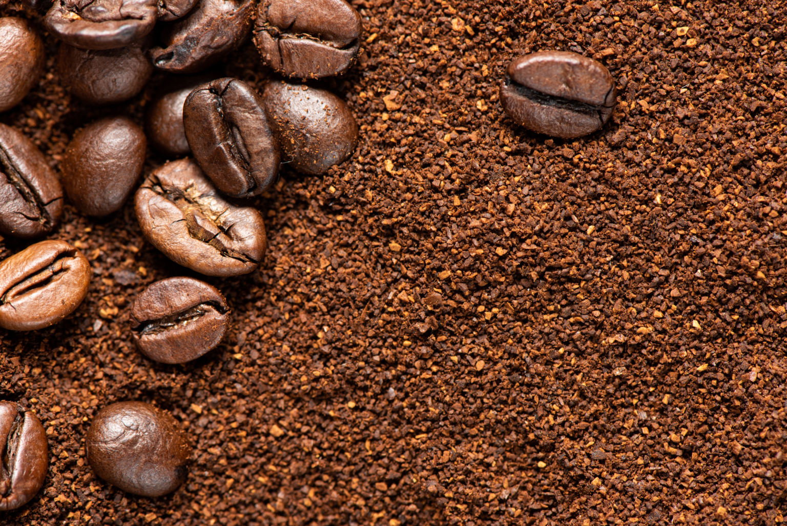 Some coffee beans over ground coffee for coffee theme backgrounds