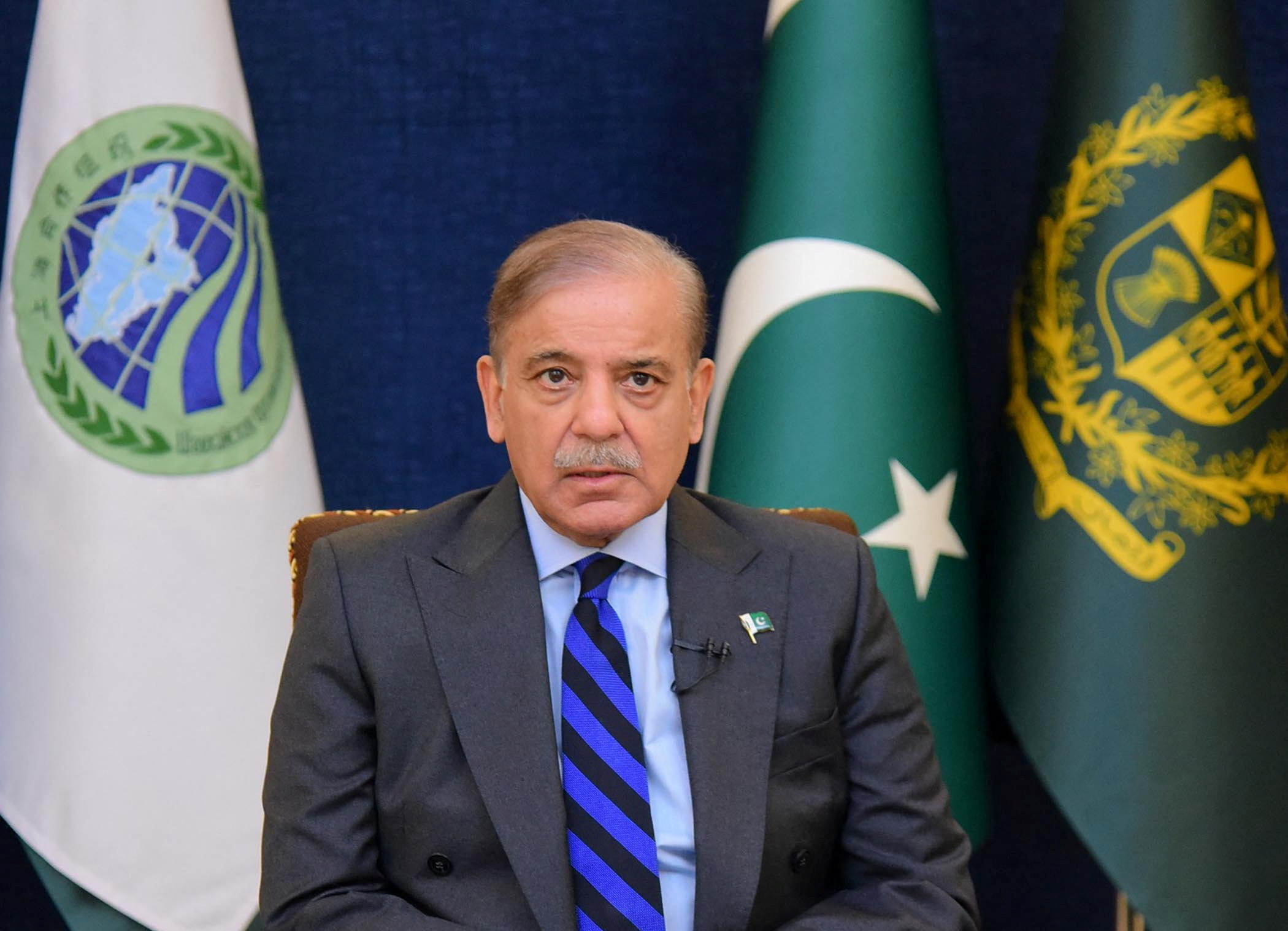 Pakistan's Prime Minister Shehbaz Sharif, addresses the 23rd Shanghai Cooperation Organization (SCO) Summit, hosted virtually by India, in Islamabad, Pakistan July 4, 2023. Press Information Department (PID)/Handout via REUTERS