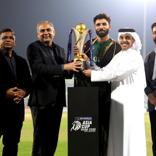 Muhammad Irfan khan (c) of Pakistan A receives trophy by officials  during the Final of the DP World ACC Mens Asia Cup Rising Stars 2025 between Bangladesh A and Pakistan Shaheens at West End Park International Cricket Stadium, Doha, Qatar, on November 23, 2025.

Photo by: Arjun Singh / CREIMAS for Asian Cricket Council