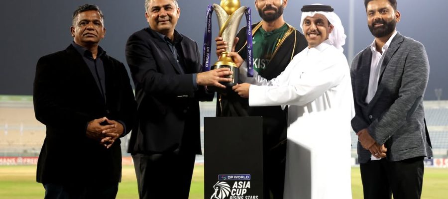 Muhammad Irfan khan (c) of Pakistan A receives trophy by officials  during the Final of the DP World ACC Mens Asia Cup Rising Stars 2025 between Bangladesh A and Pakistan Shaheens at West End Park International Cricket Stadium, Doha, Qatar, on November 23, 2025.

Photo by: Arjun Singh / CREIMAS for Asian Cricket Council
